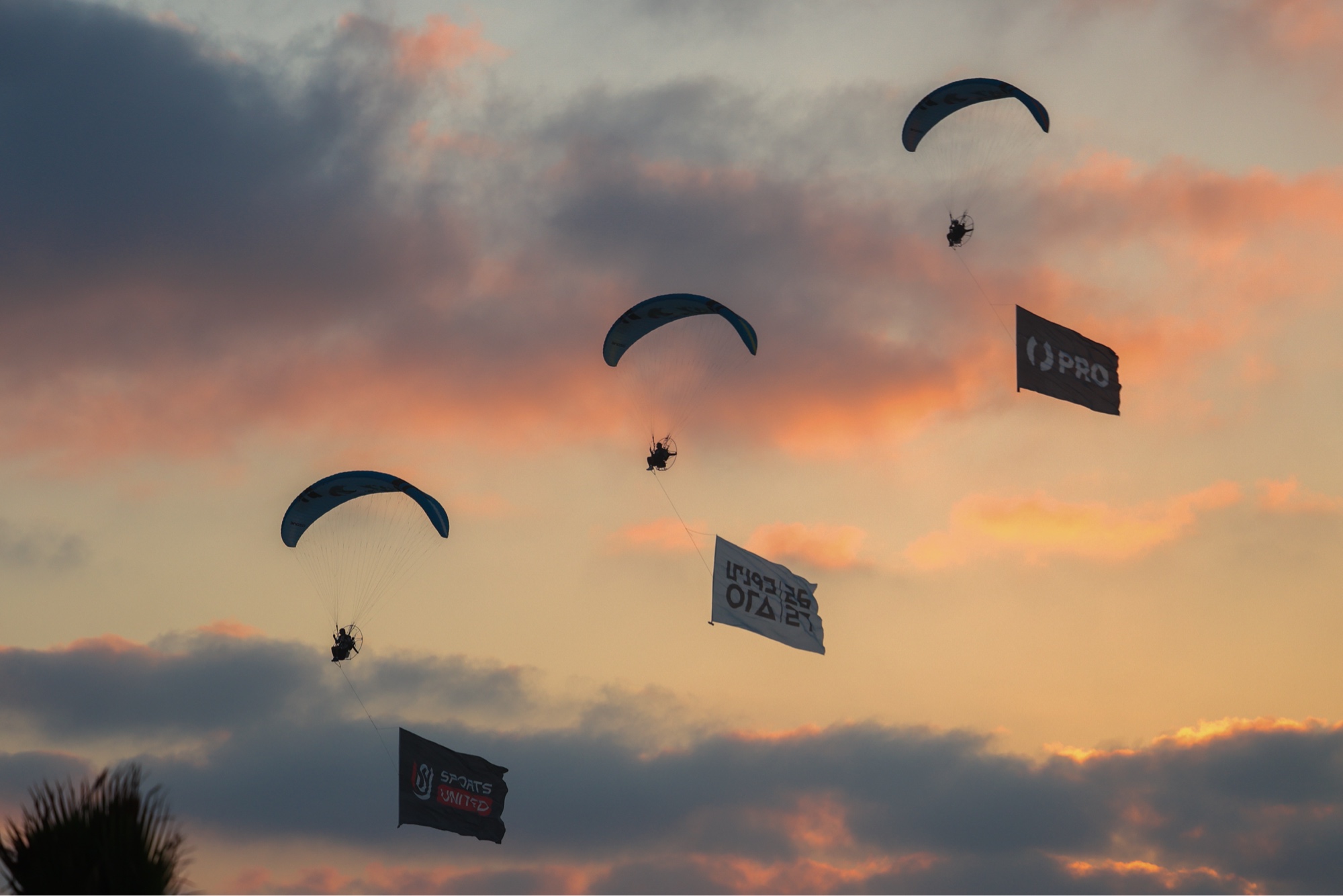 PRO and Sports United paragliders at sunset